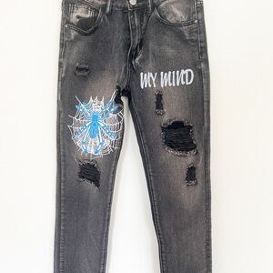 Black Distressed Spider Graphic Tapered Jeans Women's 28
